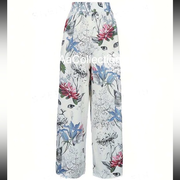 Boho Floral Print Tropical Cat Print High Waist Wide Leg Palazzo Pants White - Picture 2 of 5